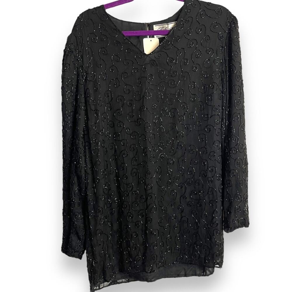 Felicity  Beaded Blouse Women's M Black Silk Formal Casual Deadstock Modest Glam